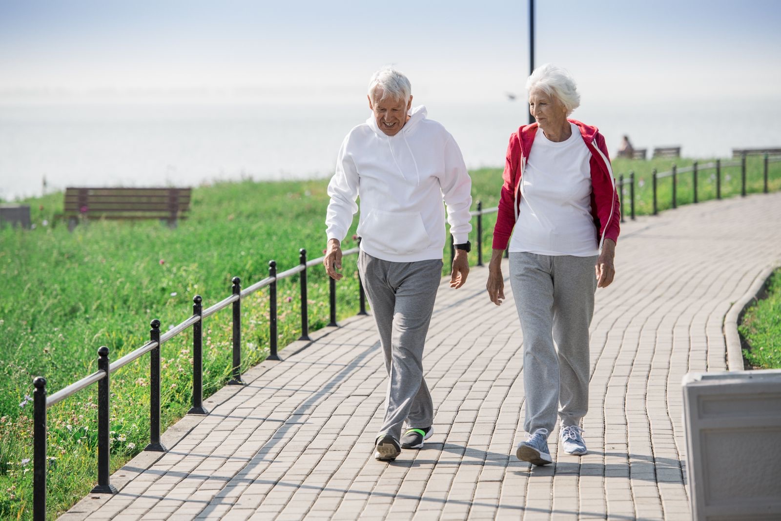 A couple in their seventies walking together on a seaside path